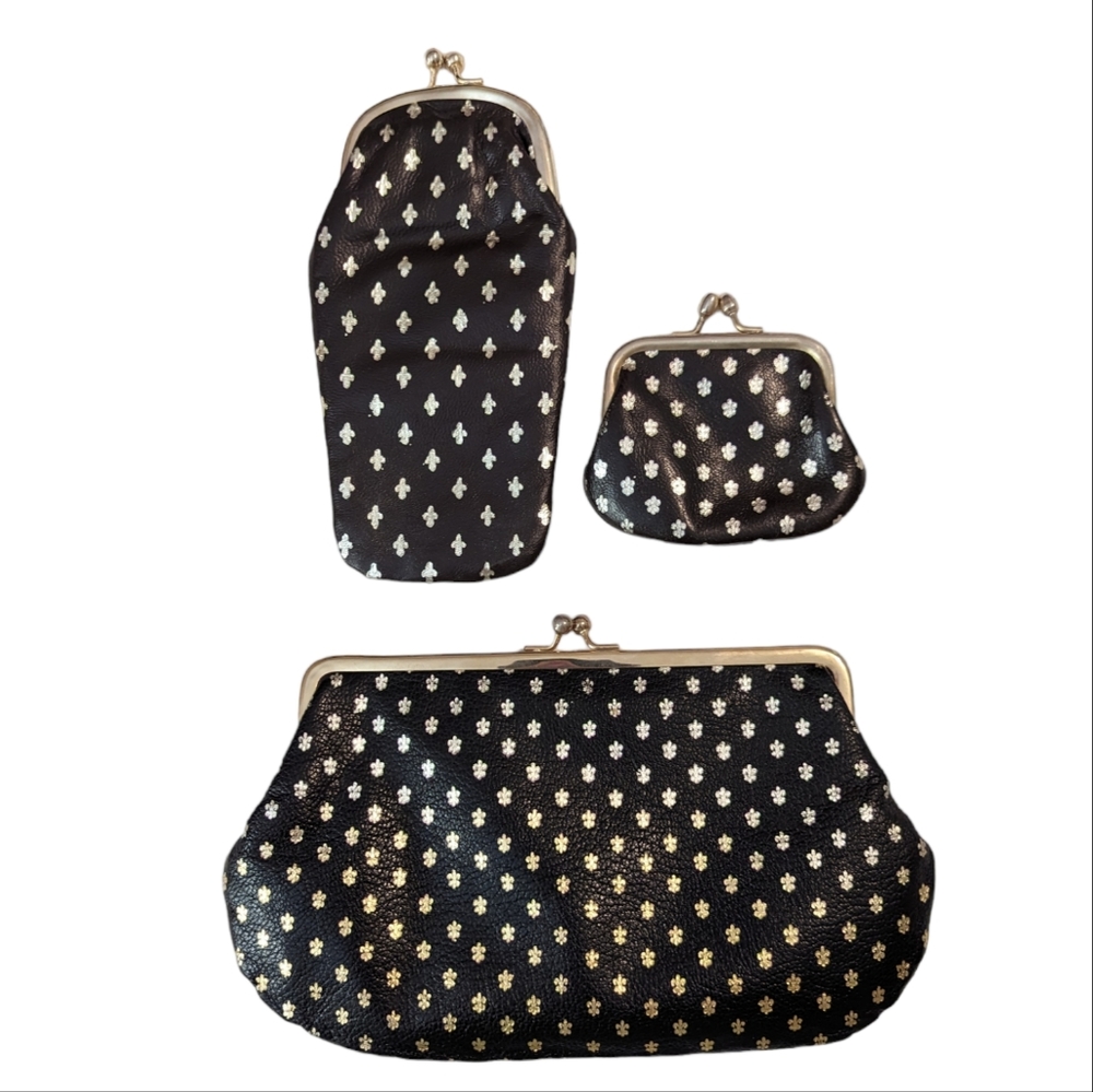 Vintage 3 Piece Fleur De Lis Florence Leather Kisslock Wallet Set